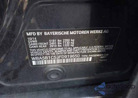 2015 BMW 535I из США, поврежденный, VIN WBA5B1C53FD919650